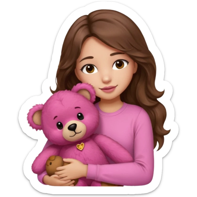 girl with long wavy brown hair, brown eyes, light to medium complexion, in a pink shirt, pink lips, long lashes, hugging a teddy bear sticker