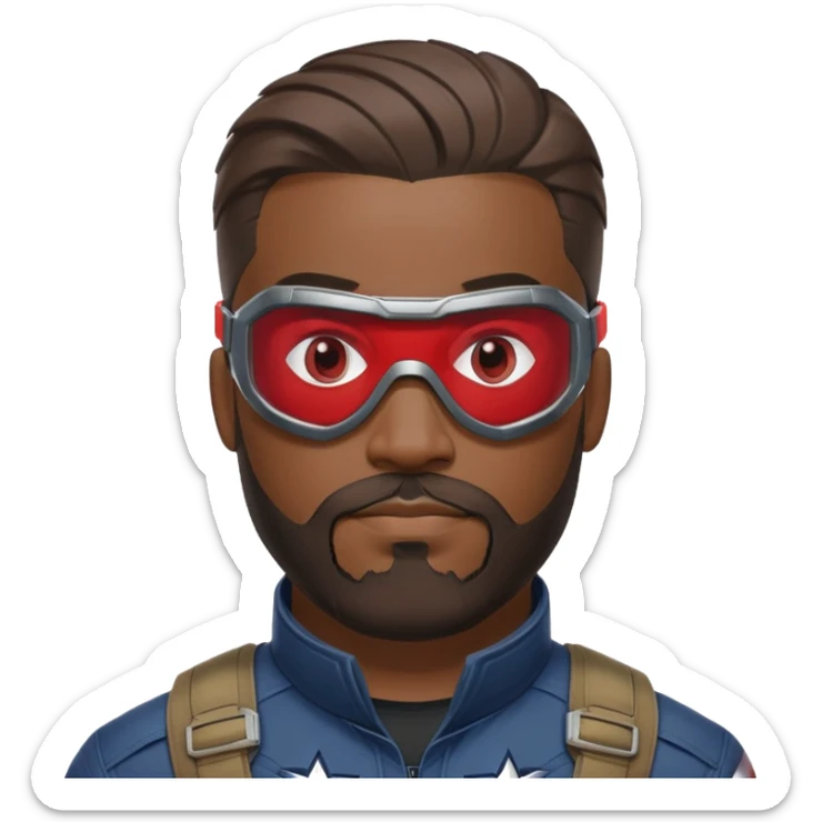 sam wilson with a hair close to the scalp and  a well-groomed beard that connects to his mustache,  wear sleek, red-tinted tactical goggles fit snugly from captain america: civil war sticker