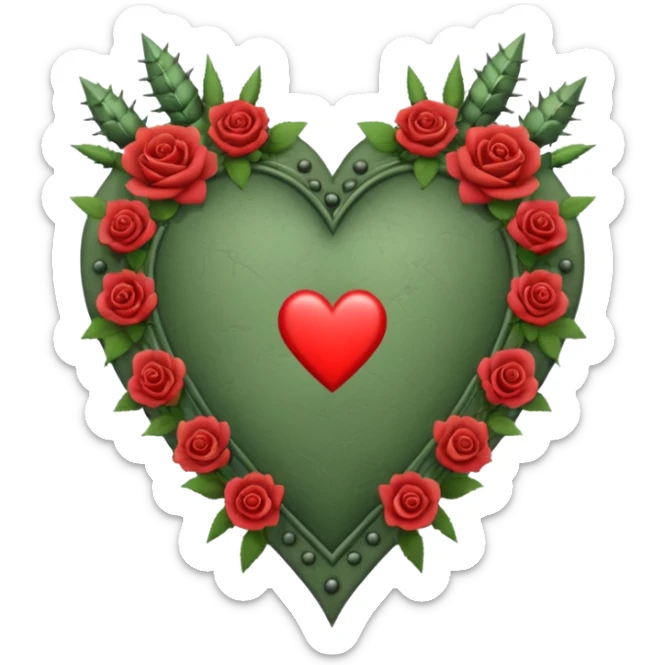 Can you make a sage green heart with a gothic design, I want roses and spikes around the heart. In the middle of the heart the letter I sticker