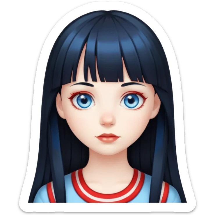 Blue eyes pale girl, long black hair with red striped hair and bangs sticker