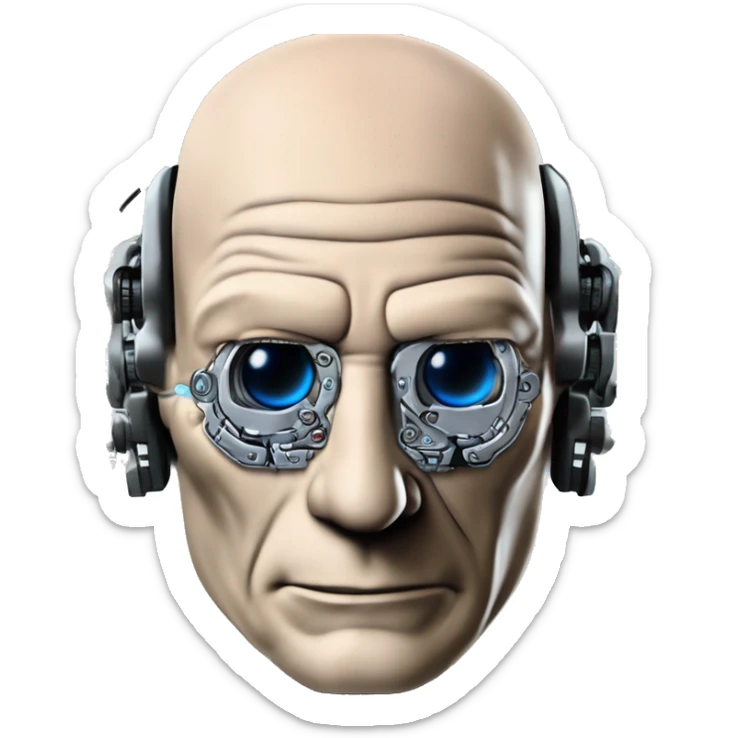 Jean luc picard from Star Trek assimilated by the Borg, with mechanical metal covering the left side of his face, with wires and a red light on the left side. Both his eyes are unobstructed and are human blue eyes. sticker
