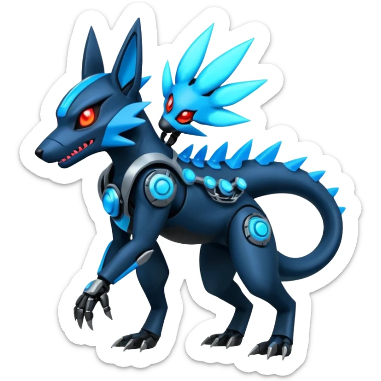 Edgy Neon-glowing punky badass cool metallic futuristic cyborg-Zeraora-Salandit-Lucario-fusion sticker