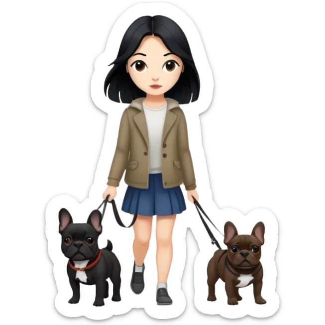 Long black hair - girl walking with dark brown french bulldog  sticker