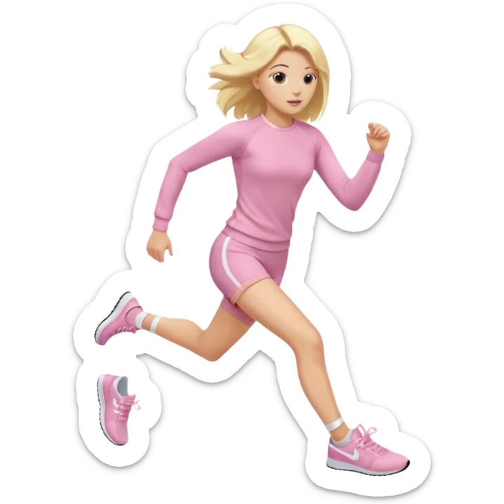 A girl in light pink tight-fitting sportswear, a long-sleeved fitted sweater and shorts is running, her hair is blonde and straight, sneakers are white. sticker