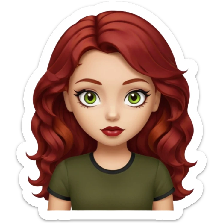 a pretty fair bratz girl with wavy dark red hair, wearing a black tee. eyeliner on, olive green eyes. Waist up sticker