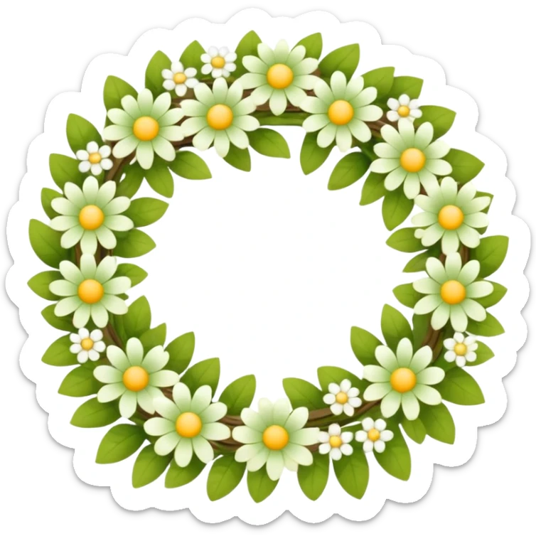 flower wreath with mostly yellow, white and green pastel colors, in a shape of an egg. flowers are original sticker