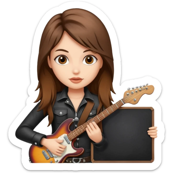 A fair skin rocker chick with long brown hair holding a large blank sign sticker