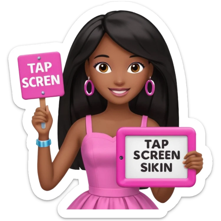 Black barbie, long black  hair, pink dress holding sign, that says "tap screen"  sticker
