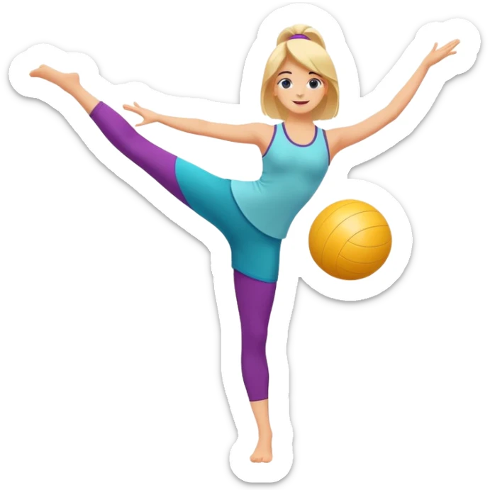 A minimalist vector emoji of a person standing on one leg in an arabesque pose, holding a fitness ball. Clean lines, flat design, vibrant energetic colors. sticker