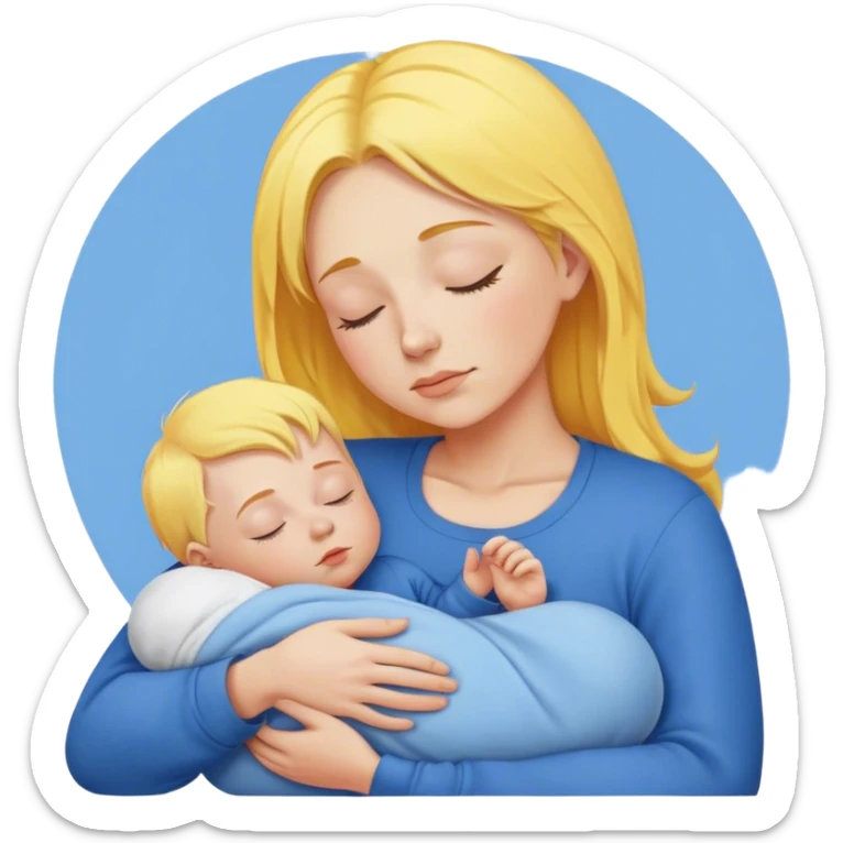 Mother is holding a baby, the mother has yellow hair and pink clothes, the baby is sleeping in blue clothes sticker
