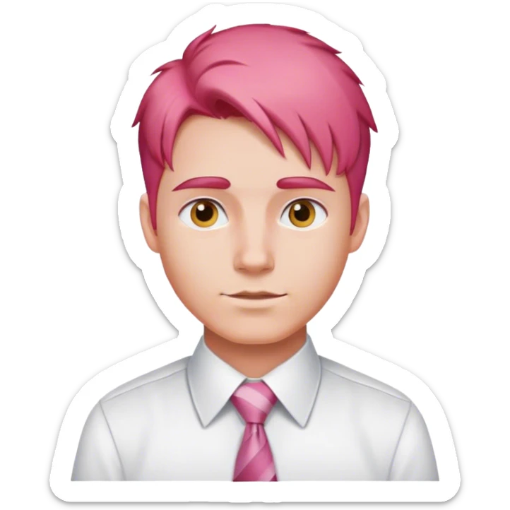 A man without a face and with red-pink hair, not short and long hairstyles in a white shirt with a tie sticker