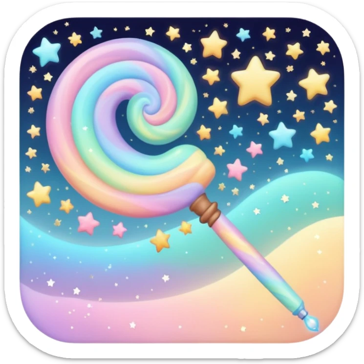 Cinematic cute magical wand, pastel swirls of color, tiny twinkling stars floating around, glowing softly, chubby rounded edges, whimsical and dreamy. sticker