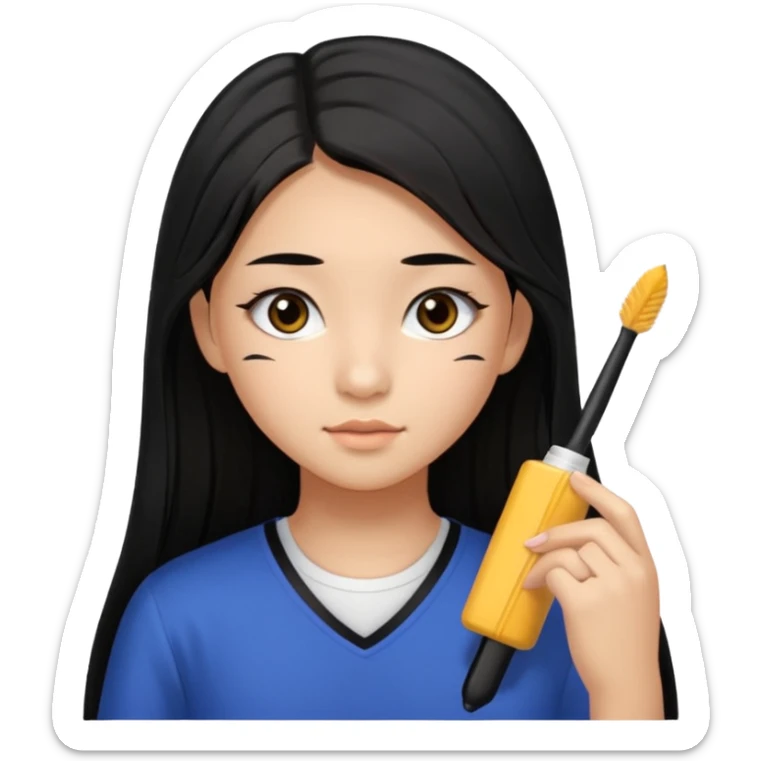 a tan chinese-american 15 year old girl with middle part long straight black hair down to her chest. mascara  sticker