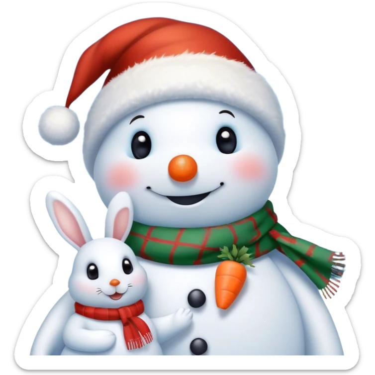 The detailed digital illustration shows a snowman in a Christmas hat and scarf. The snowman is depicted in close-up. Next to it is a cute bunny who wants to depict a snowman and holds a carrot with his paws at the level of his nose, thereby demonstrating to the snowman that his nose looks like a snowman's nose. The snowman is joyful, looks lovingly at the mischievous bunny. Snowflakes are falling from the sky, the whole scene should have a soft and cozy winter aesthetic. The style of this illustration is the same as that of the famous artist Evgenia Gapchinskaya. sticker
