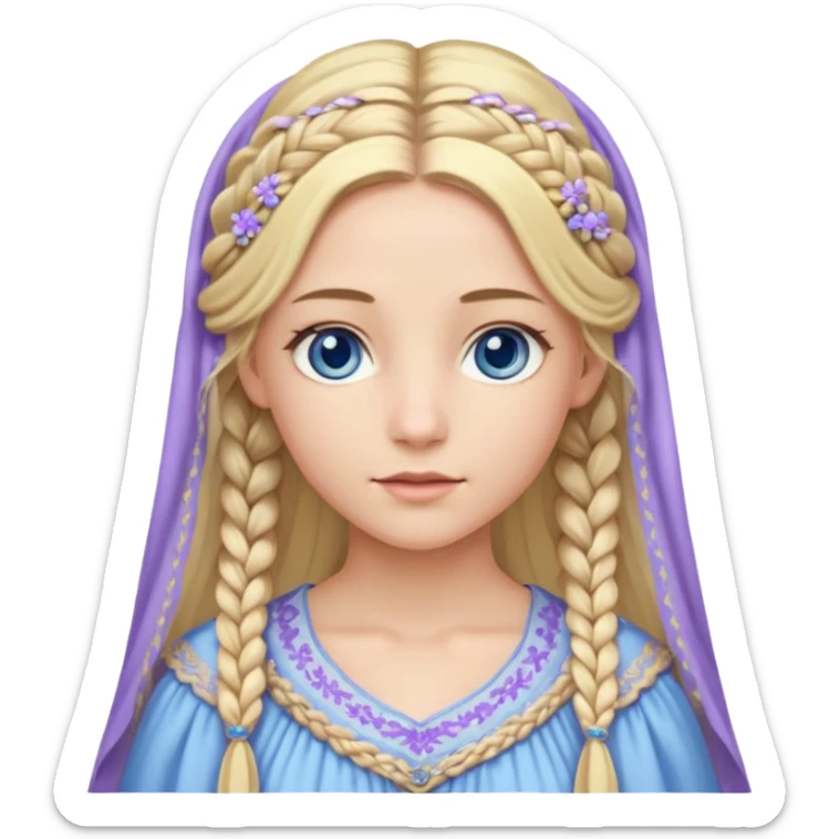 Joven de unos 30 años, de aspecto dulce, elegante.
Piel clara, ojos (pueden ser azules o verdes)
Rubio o castaño largo, con trenzas.
Vestido largo de tonos suaves (blanco, azul o lavanda), con bordados dorados; un manto o toca fina cubriendo la cabeza. Que se vea todo el cuerpo de pies a cabeza sticker