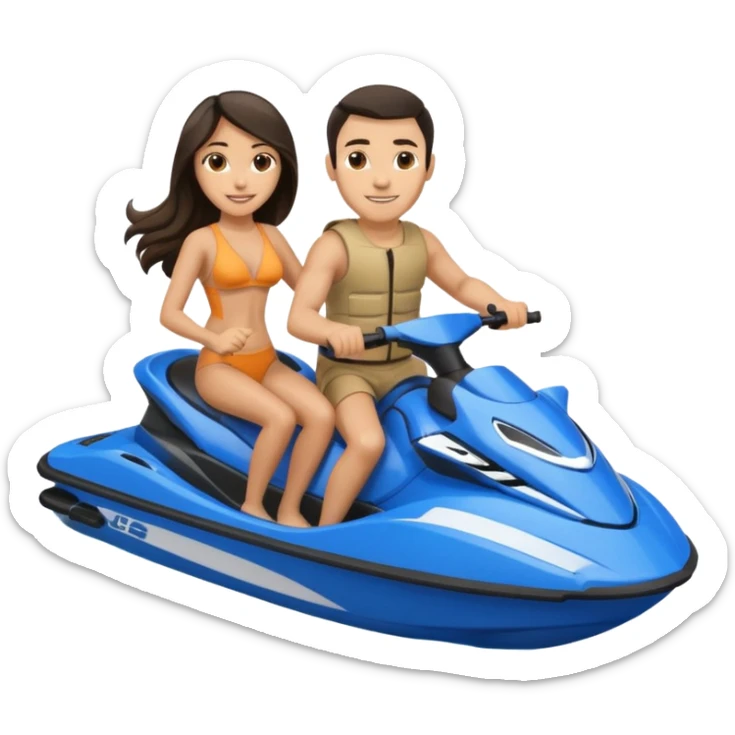 Light tan male dark hair & light tan female long dark hair on a blue jet ski no sunglasses sticker