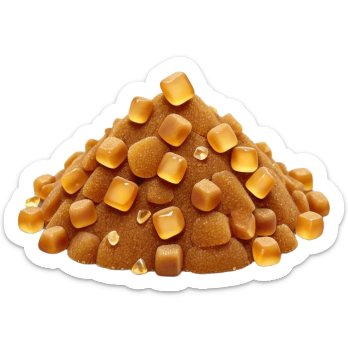small heap of brown sugar, golden-amber, coarse granulated texture, dry, a few loose crystals, no spoon, clean, 3D, soft shadows, natural, no cartoon features, no packaging, no bowl, transparent background, emoji scale sticker