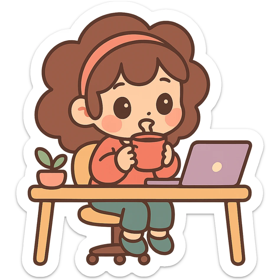 chibi girl sitting at her desk, sipping coffee, cute and cozy, pastel colors, warm atmosphere sticker