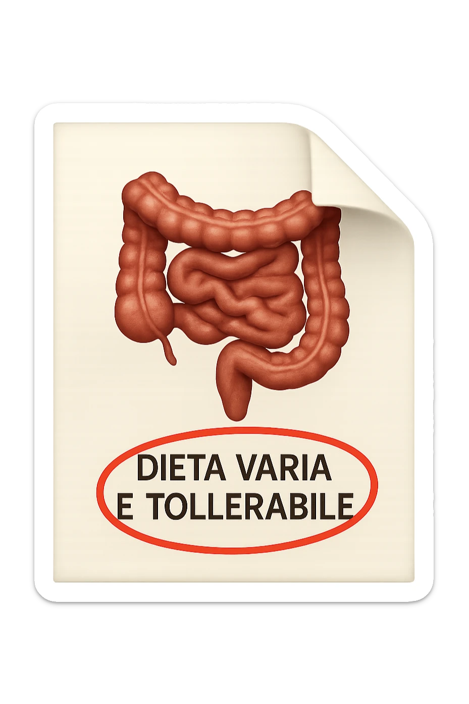 emoji stile iphone di un foglio con un INTESTINO disegnatO sopra e la scritta "DIETA VARIA E TOLLERABILE" CERCHIATA IN ROSSO, iperrealistico 4k, isolato su sfondo bianco sticker