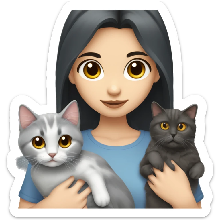 dark hair dark eyes girl with siberian cat and russian blue cat  sticker