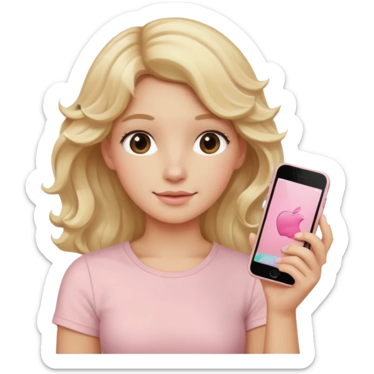 close up of a pastel pink iPhone to the ear, wavy blonde hair, beige top, iOS Apple emoji style sticker