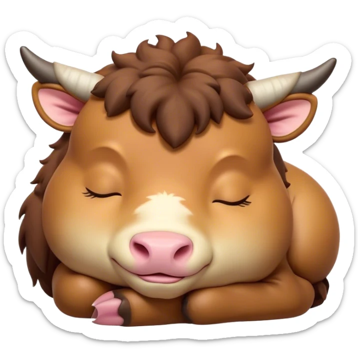 Meme-Worthy Cute Sleeping Domestic Ox Portrait Emoji, Head resting peacefully with a contented smile, showcasing a massive, sturdy build and a luxuriously soft hide, eyes gently closed in serene, restful slumber, Simplified yet hilariously adorable features, highly detailed, glowing with a soft, drowsy natural light, high shine, relaxed and utterly lovable, stylized with an air of playful laziness, soft glowing outline, capturing the essence of a sleeping ox that feels destined to become the next viral sensation of adorable rest! sticker