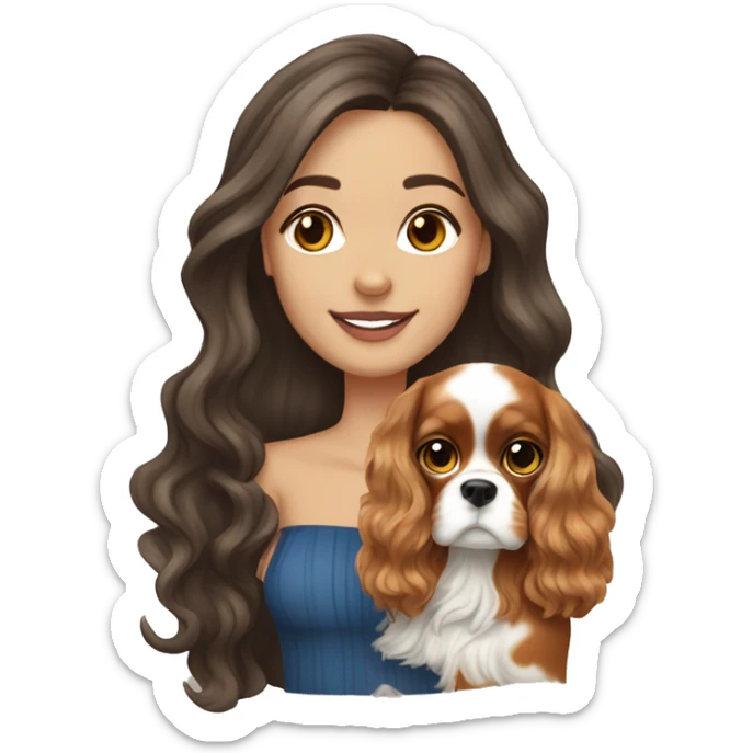 Pretty white brunette long wavy hair girl, holding a cute cavalier King Charles spaniel dog with short ears wavy fur sticker