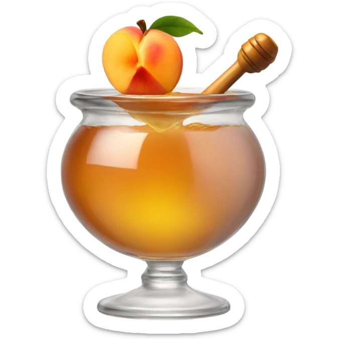 A pot of honey with a peach sticking out of the top sticker