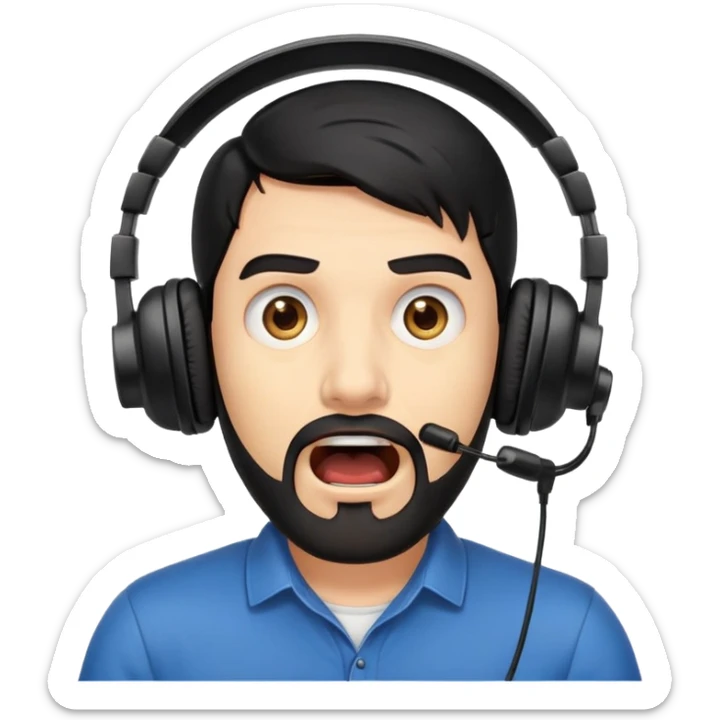 Very shocked man with wide eyes, open mouth, black hair, brown eyes, black beard wearing a gaming headset sticker