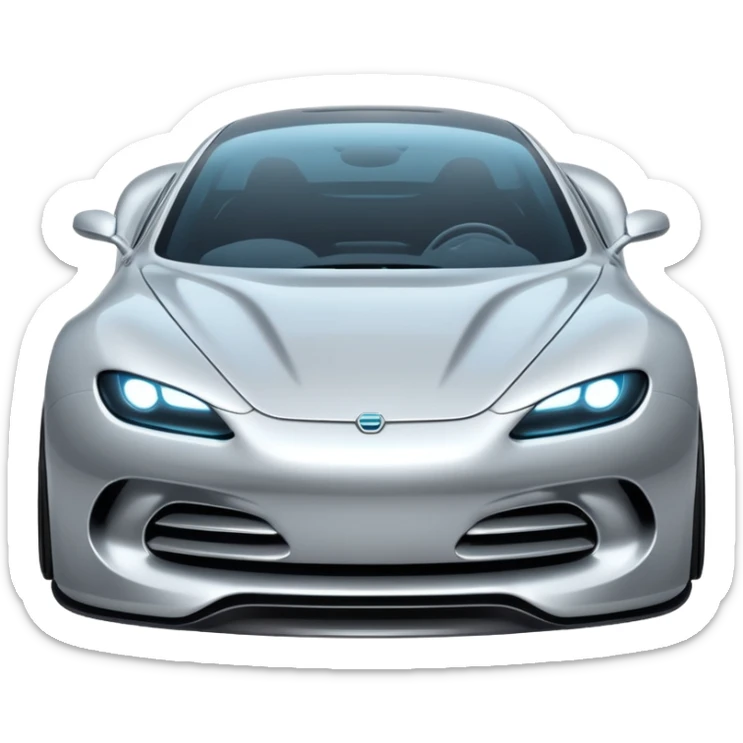 A low-profile futuristic car emoji made of polished silver chrome, wide body stance, smooth aerodynamic shape, glossy metallic surface, soft reflections, luxury swag aesthetic, minimal details, iOS emoji style, centered on clean white background, studio lighting sticker