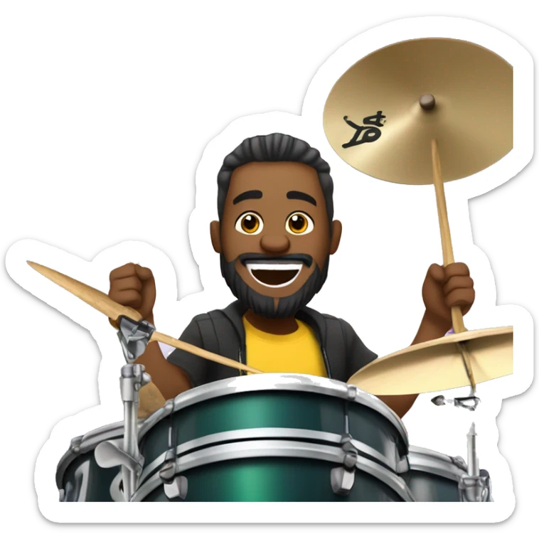 Imagine a Brazilian drummer with tied hair and a beard, laughing and celebrating while playing drums in a live broadcast. The logo "GG Lukas Drummer" should appear in the background of the image. sticker