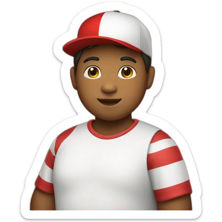 A 13-year-old boy with a big body wearing a red white hat and a red white flag in his hand sticker