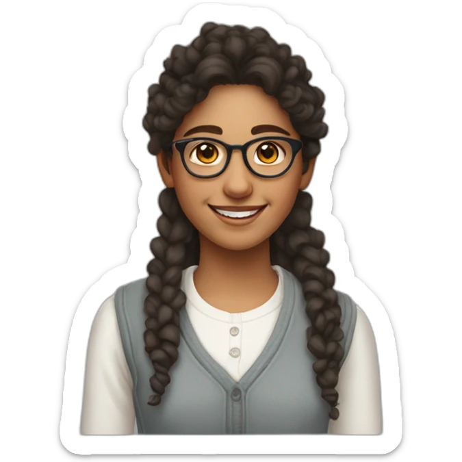 smiling indian teenage girl with curly hair and glasses wearing a collared long sleeve white shirt under a white sweatervest sticker