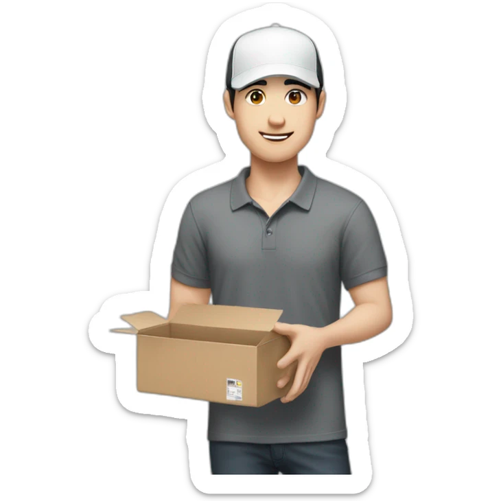 Pale skinned Man with black hair in a white cap and dark gray polo T-shirt keeping a box into his hands sticker