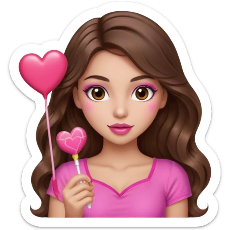 girl with long wavy brown hair, brown eyes, long lashes makeup, sexy pink lips, light to medium complexion, wearing a pink sexy top,, heart lillipop sticker