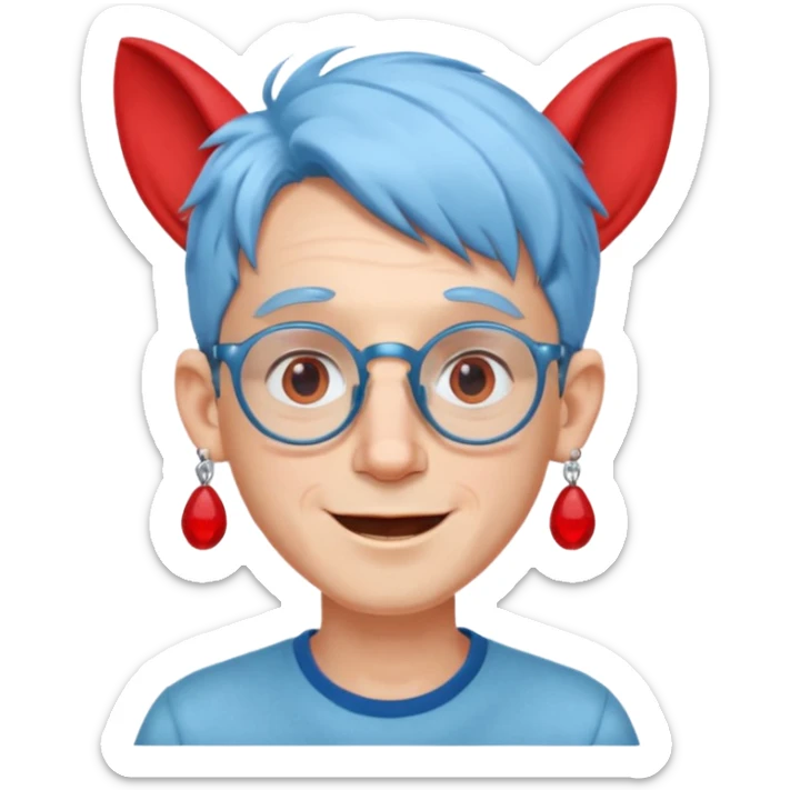 light blue haired man mid length hair with big ears and red earrings and spectacles happy sticker