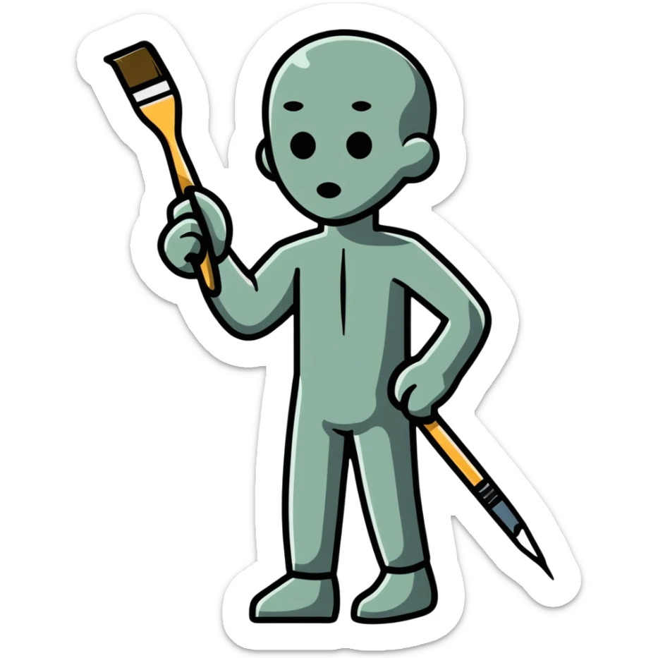 A paintbrush transforming into a metallic human silhouette, symbol of artistic identity sticker