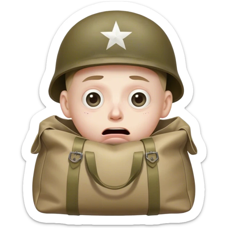 Traumatized WWII Soldier, eyes glazed over with big bags underneath, mouth slightly open sticker