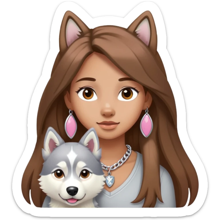 Girl with Brown long hair with husky white and grey and pink necklace for the husky  sticker