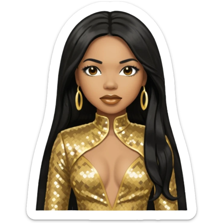 Tenitra Michelle Williams, R&B Singer from Destiny's Child with long black hair, gold sequin outfit, medium dark skin sticker
