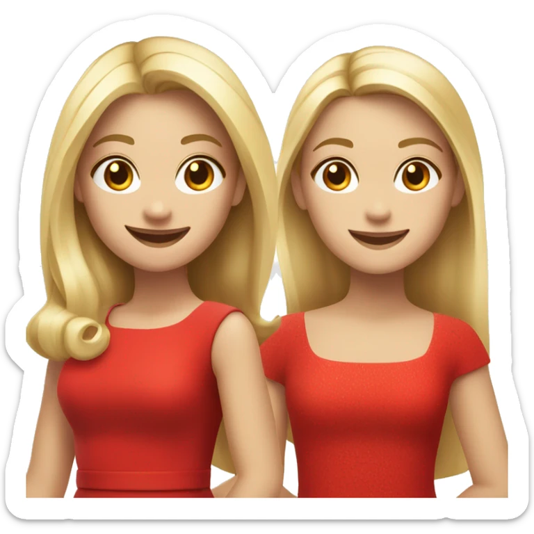 smiling girls in red dresses, girl on the left has blonde straight hair  sticker
