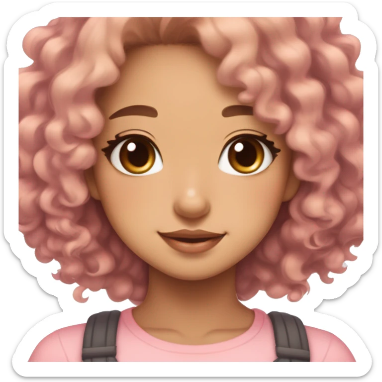 TAN SKIN GIRL WITH LONG BROWN CURLY HAIR AND A CORGI pink kawaii shiny blushing cute kawaii pastel anime trending style pink pastelcore sticker