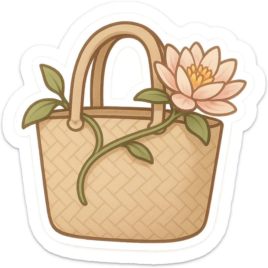 mascota para proyecto productivo, bolso artesanal con lirio de agua enredado en las asas, estilo minimalista y elegante, detalles sutiles de flor y tejido sticker