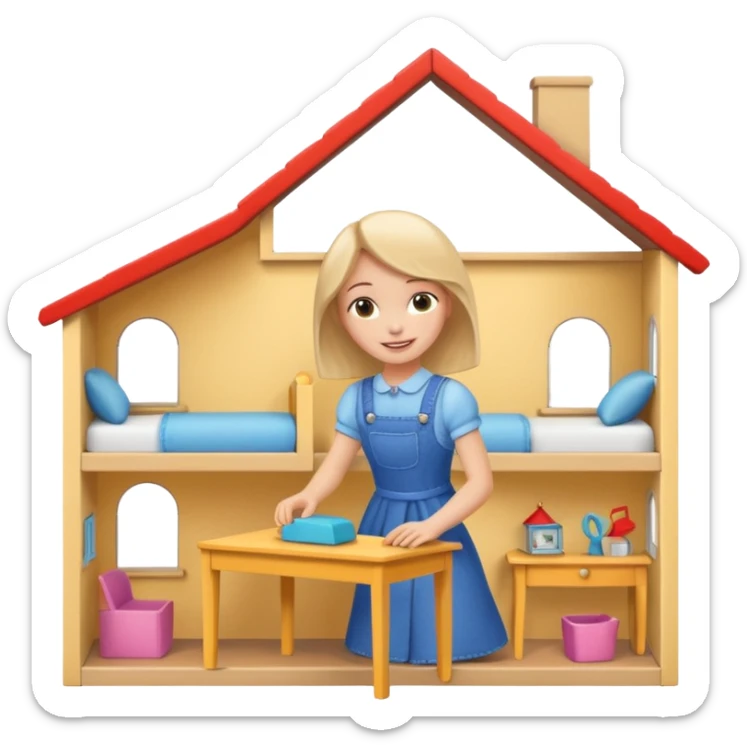 smiling girl arranging furniture in doll house sticker