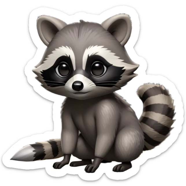 Cinematic-cute Raccoon-Realistic-hunched Full-Body on all fours-Emoji – Tail flicking lazily, head tilted dramatically, thick grey fur with a signature black mask, sharp and alert ears, simplified yet realistic focused features, highly detailed, glowing with an almost sarcastic glow. big black eyes sticker