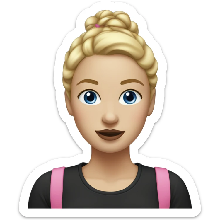 a woman with freckles, blue eyes, light skin, blonde hair with a bun, pink lips. black shirt. sticker