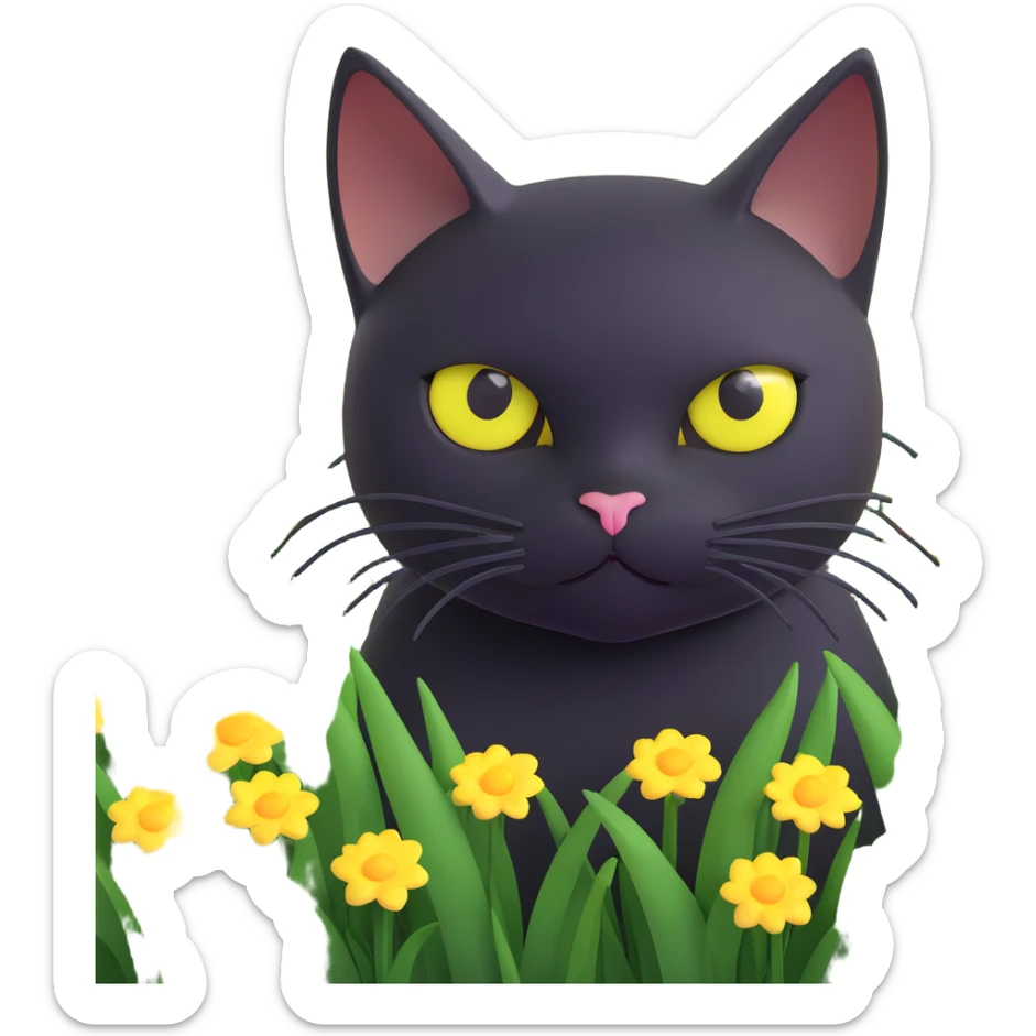 A black cat with large, round yellow eyes peeking out from a field of green grass with scattered yellow and white flowers sticker