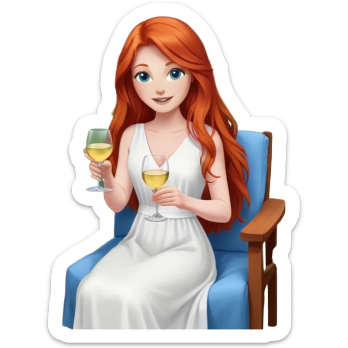 Happy redhead with long hair and blue eyes holding white wine sitting in chair beside fire pit in backyard sticker