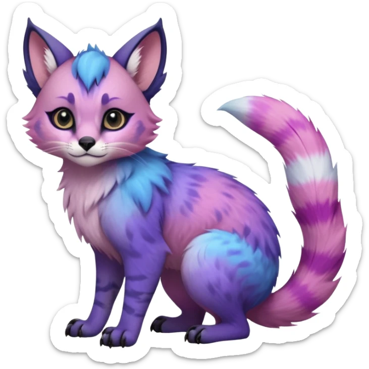 Cute kawaii cool edgy badass  pastel cotton-candy pink-blue-purple gradient fluffy fur fantasy-caracal-civet-genet-sergal-vernid-Gryphon-Cacomistle-Trico-oncilla-animal-Fakémon-hybrid-fursona (full body), facial markings, (realism style) sticker