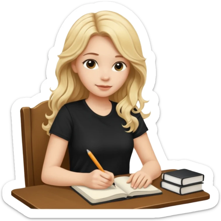 A beautiful blonde with long wavy hair in a black T-shirt sits and writes in a diary with a brown pen. sticker
